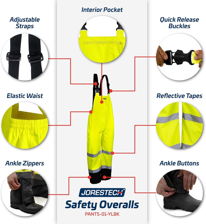 JORESTECH High Visibility Waterproof Safety Overall Pants: Reflective Stripes, ANSI Compliance, and Adjustable Bottoms - Image 3